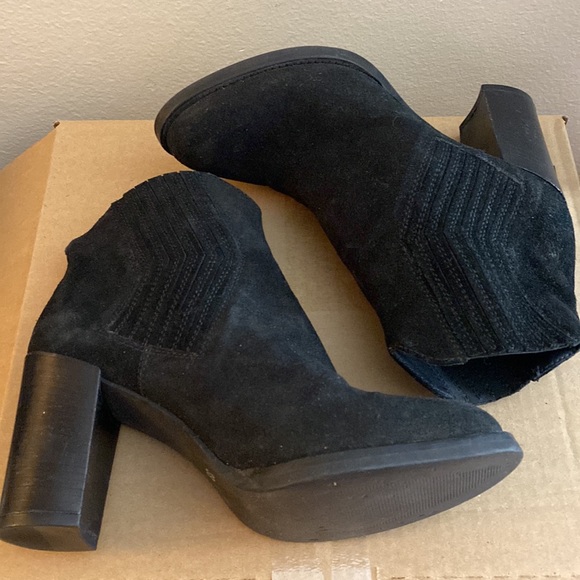 Black suede high heel ankle boots. Bought in Denmark Comfy Stacked 3 1/2” heel. - Picture 10 of 13